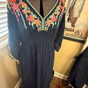 Johnny Was Dark Blue Dress with Colorful Embroidery